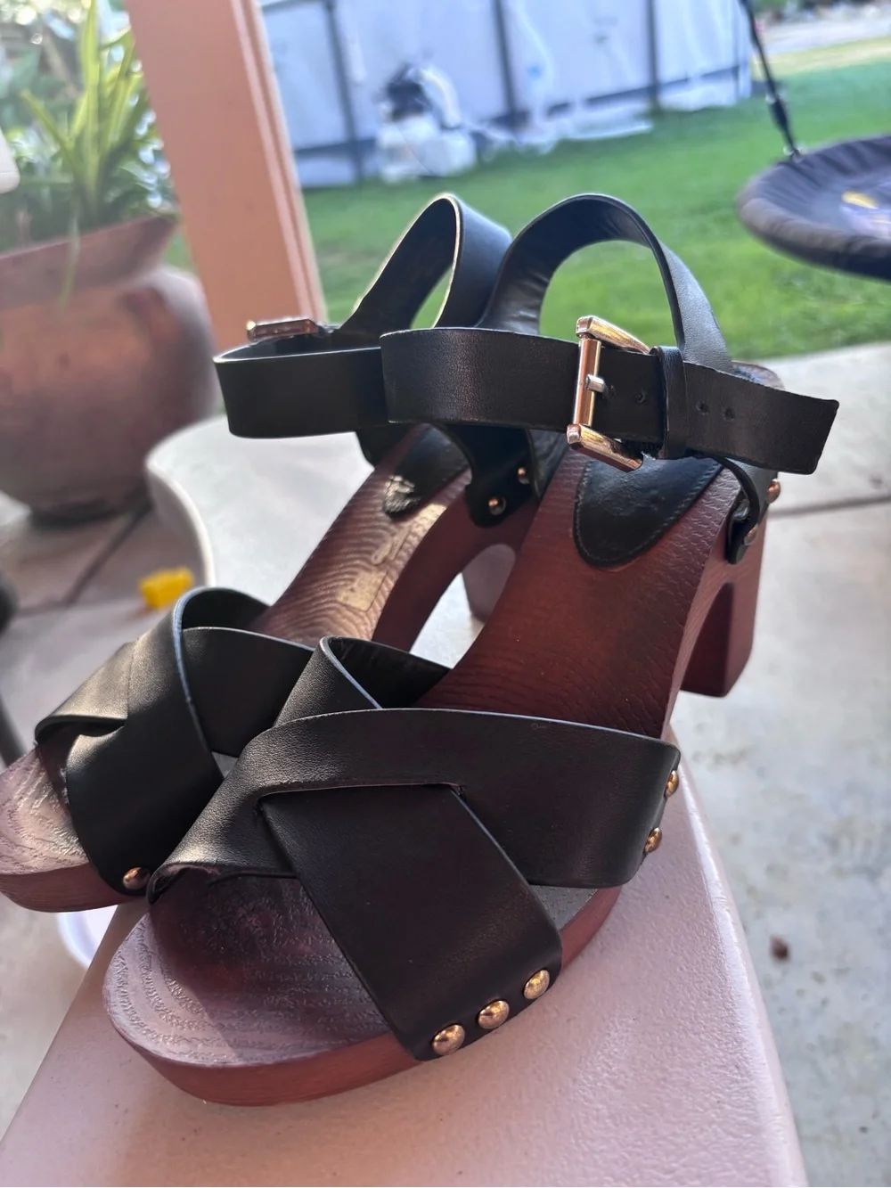 Women's Black Leather Platform Sandals with Ankle Buckle